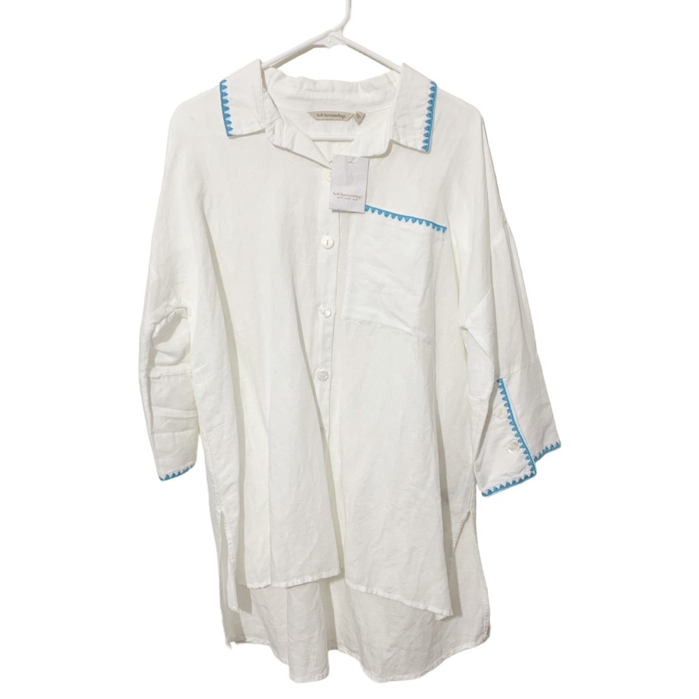 Soft Surroundings LG Marisol Button Front Tunic in White w Turquoise embroidery